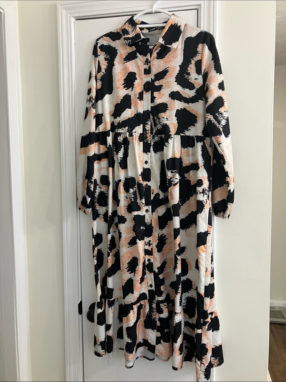 Button-Front Maxi Dress in Black, White & Peach